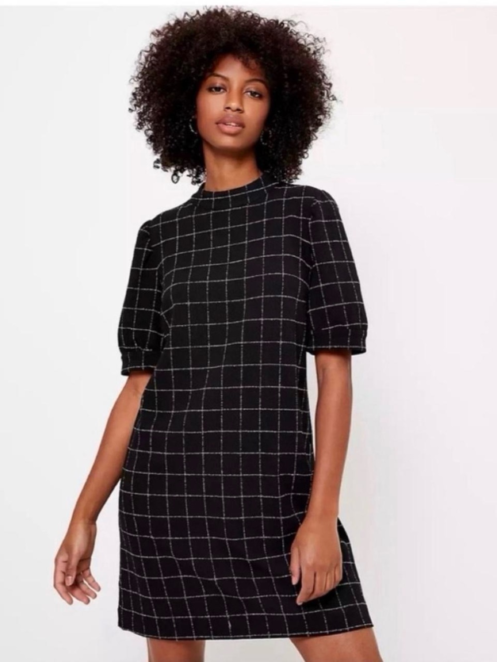 LOFT Black Windowpane Shift Mini Dress